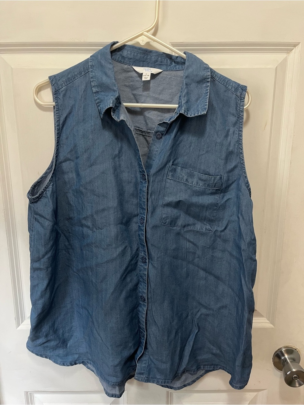 Time and Tru Sleeveless Denim Button-Front Shirt in Blue
